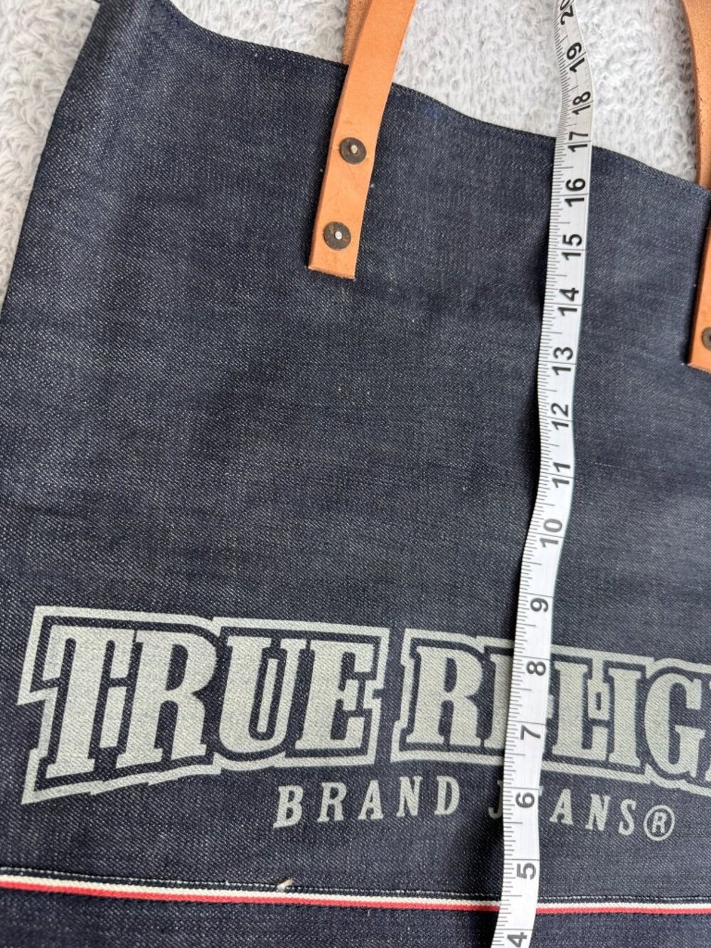 True Religion Denim Lined Tote Bag Leather Straps Red Interior Y2K Retro Travel - Picture 4 of 11